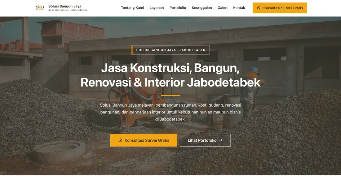 Tampilan halaman utama website Solusi Bangun Jaya, perusahaan di bidang konstruksi dan bangunan